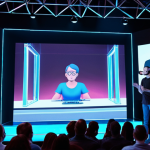 **Image Prompt 1: Holographic Display Quality Issues**  
   "Create an illustration depicting a holographic display with blurry images and distortion. Show a presenter trying to engage an audience, but the audience appears distracted by the unclear visuals. Include elements that represent low resolution and technological limitations."