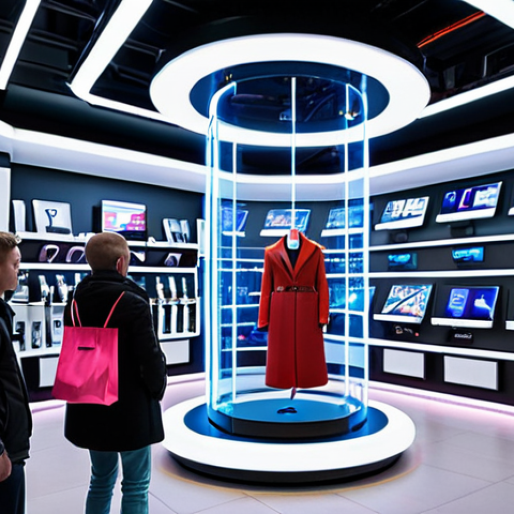 **

A futuristic electronics store in Moscow. In the center, a holographic display of a sleek, modern smartphone rotating in mid-air. Shoppers, dressed in stylish, contemporary clothing, are gathered around, gazing in amazement. Include Cyrillic text on the holographic display to reinforce the Russian setting. The store is brightly lit with neon accents.

**