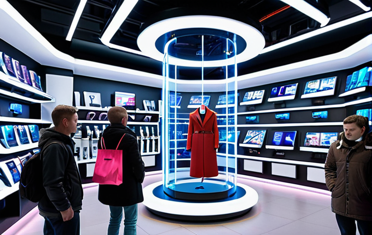 **
A futuristic electronics store in Moscow. In the center, a holographic display of a sleek, modern smartphone rotating in mid-air. Shoppers, dressed in stylish, contemporary clothing, are gathered around, gazing in amazement. Include Cyrillic text on the holographic display to reinforce the Russian setting. The store is brightly lit with neon accents.
**