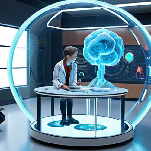 Home 22 **A futuristic classroom with students interacting with a holographic cell model, rotating and examining it closely. The scene is bright and engaging, showcasing the potential of holographic displays in education.**