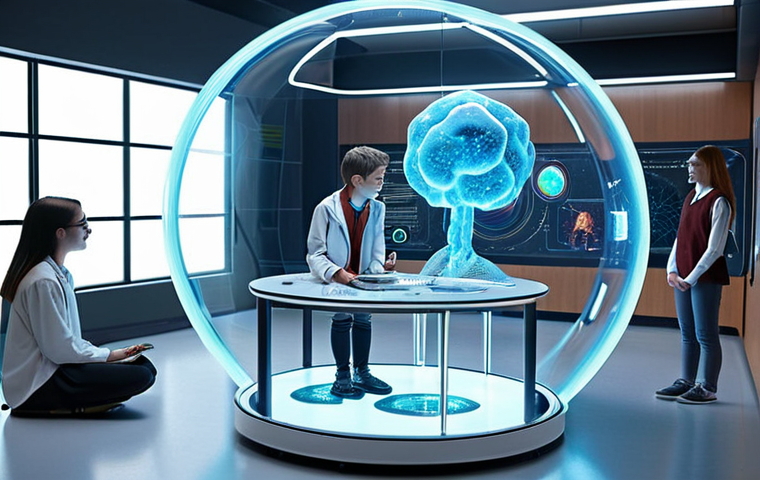 **A futuristic classroom with students interacting with a holographic cell model, rotating and examining it closely. The scene is bright and engaging, showcasing the potential of holographic displays in education.**