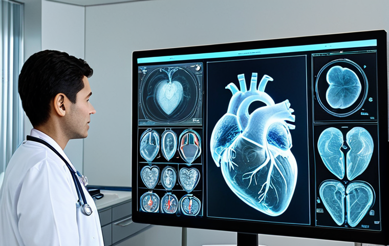 **
A team of doctors in a modern, well-lit hospital room, fully clothed in scrubs and lab coats, examining a holographic projection of a human heart. The holographic display is detailed and shows the anatomy clearly. Safe for work, appropriate content, professional setting, perfect anatomy, natural proportions, family-friendly.
**