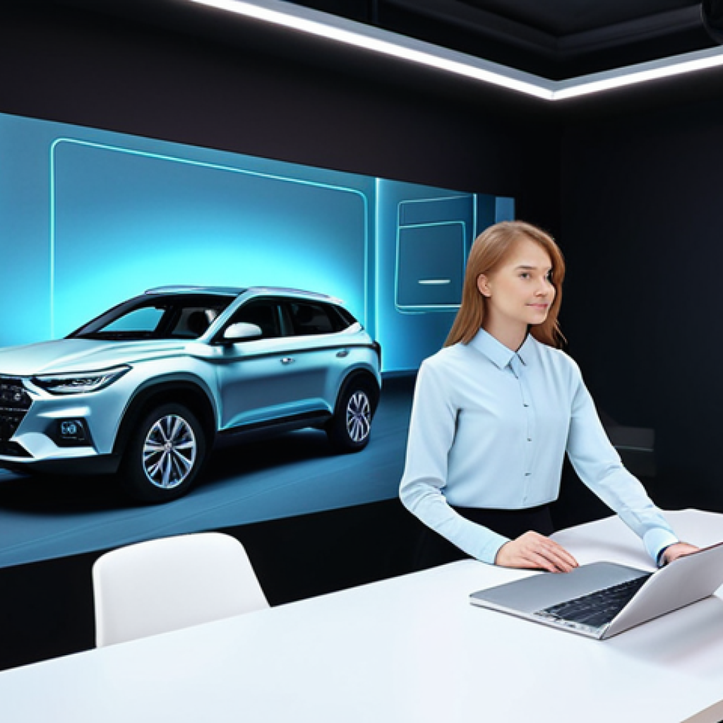 Holographic Design Studio**
A modern, brightly lit design studio in Moscow. A young woman with light brown hair, wearing a stylish, fully clothed business casual outfit, is interacting with a holographic projection of a Lada car design. The holographic image floats above a clean, minimalist desk. Safe for work, appropriate content, professional environment, perfect anatomy, natural proportions. Include elements of Russian design influence in the studio decor. "High quality," "detailed textures," "soft lighting."
**