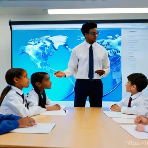 Home 30 홀로그램 디스플레이 기술의 교육적 활용 - **Holographic Biology Lesson:** A bright, modern classroom filled with engaged high school students ...
