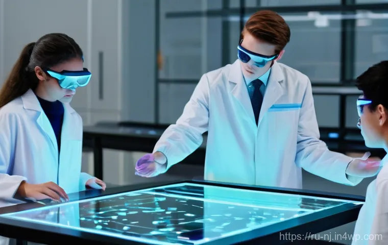 홀로그램 디스플레이 기술의 교육적 활용 - **Holographic Biology Lesson:** A bright, modern classroom filled with engaged high school students ...