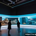 Home 17 홀로그램 디스플레이 장비 추천 - A futuristic exhibition hall scene featuring a large holographic display showing a vibrant 3D model ...