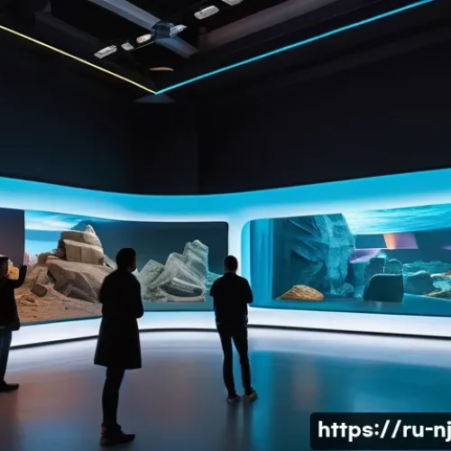 Home 29 홀로그램 디스플레이 장비 추천 - A futuristic exhibition hall scene featuring a large holographic display showing a vibrant 3D model ...