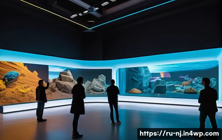 홀로그램 디스플레이 장비 추천 - A futuristic exhibition hall scene featuring a large holographic display showing a vibrant 3D model ...