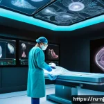 Home 16 홀로그램 디스플레이의 최신 연구 동향 - A futuristic medical operating room featuring a surgeon examining a detailed 3D holographic display ...