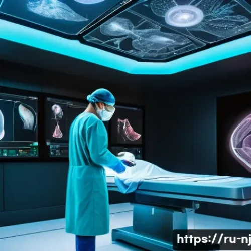 Home 28 홀로그램 디스플레이의 최신 연구 동향 - A futuristic medical operating room featuring a surgeon examining a detailed 3D holographic display ...