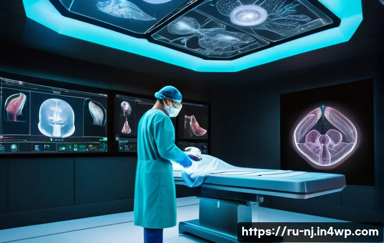 홀로그램 디스플레이의 최신 연구 동향 - A futuristic medical operating room featuring a surgeon examining a detailed 3D holographic display ...