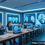 Home 15 홀로그램 디스플레이의 창의적인 활용 방안 - A futuristic classroom scene in a Russian educational institution featuring students interacting wit...