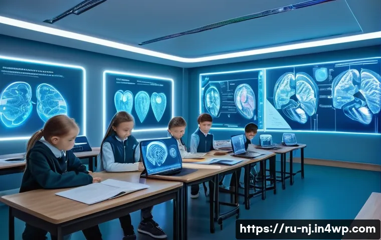홀로그램 디스플레이의 창의적인 활용 방안 - A futuristic classroom scene in a Russian educational institution featuring students interacting wit...