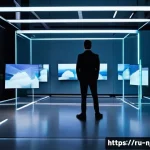 Home 20 홀로그램 디스플레이의 인식률 향상 방법 - A high-tech holographic display setup in a modern office environment, featuring sleek transparent pr...