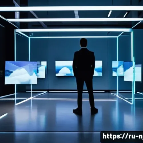 Home 14 홀로그램 디스플레이의 인식률 향상 방법 - A high-tech holographic display setup in a modern office environment, featuring sleek transparent pr...