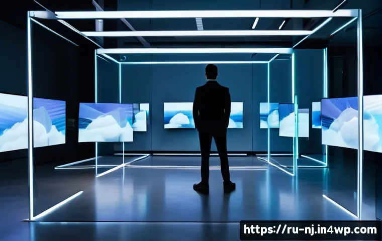 홀로그램 디스플레이의 인식률 향상 방법 - A high-tech holographic display setup in a modern office environment, featuring sleek transparent pr...