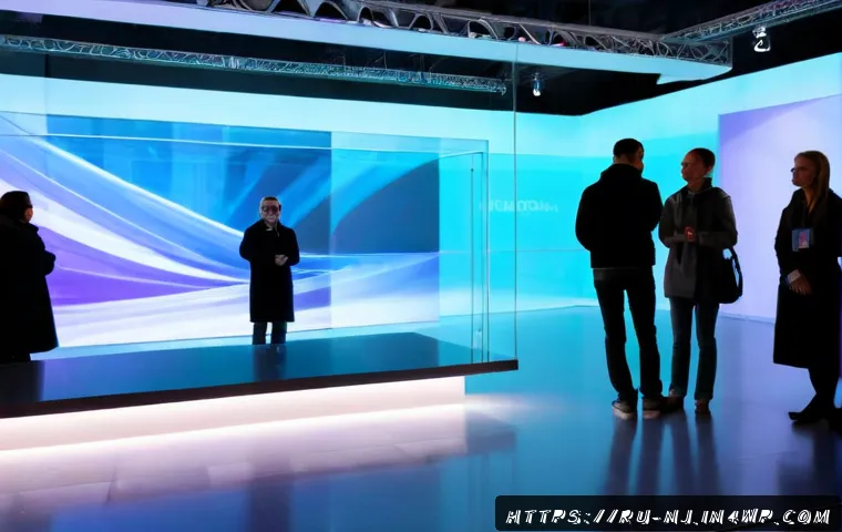 홀로그램 디스플레이의 글로벌 시장 동향 - Photorealistic wide-angle view of a modern Moscow technology exhibition hall, a large transparent ho...